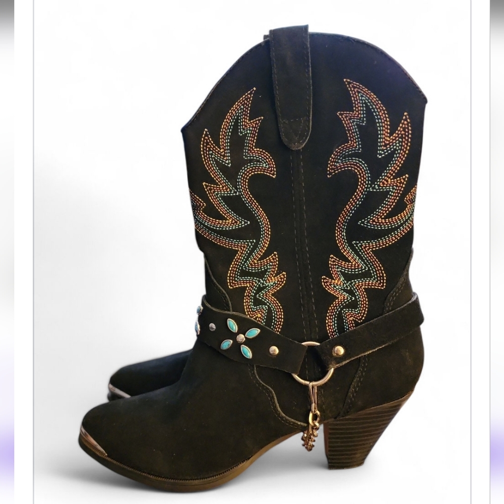 Vintage Dingo Boots Womens 8 Victoria Cowboy Suede Leather Chain Western Black - Picture 6 of 13